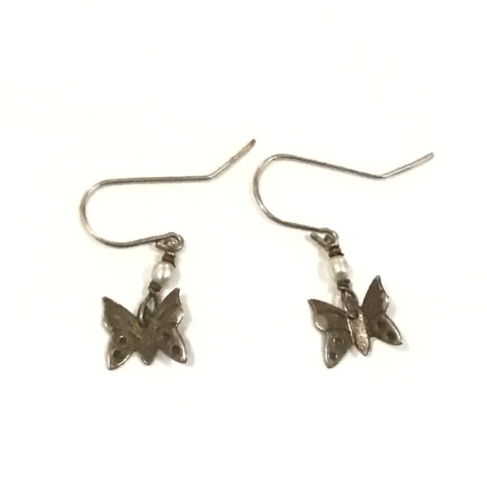 Vintage Sterling Silver Pearl Bead Butterfly Dangle Earrings 9/16" Long